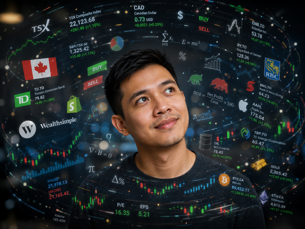Beginner investor checking Canadian stock portfolio on Wealthsimple app while learning with AI tools